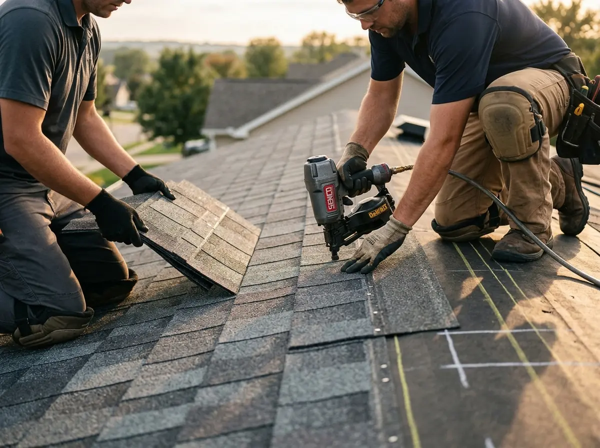 Professional roofer working on a residential roof in Chapel Hill